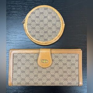 Vintage Gucci Tan Micro Monogram Long Wallet and Matching Coin Purse Gift